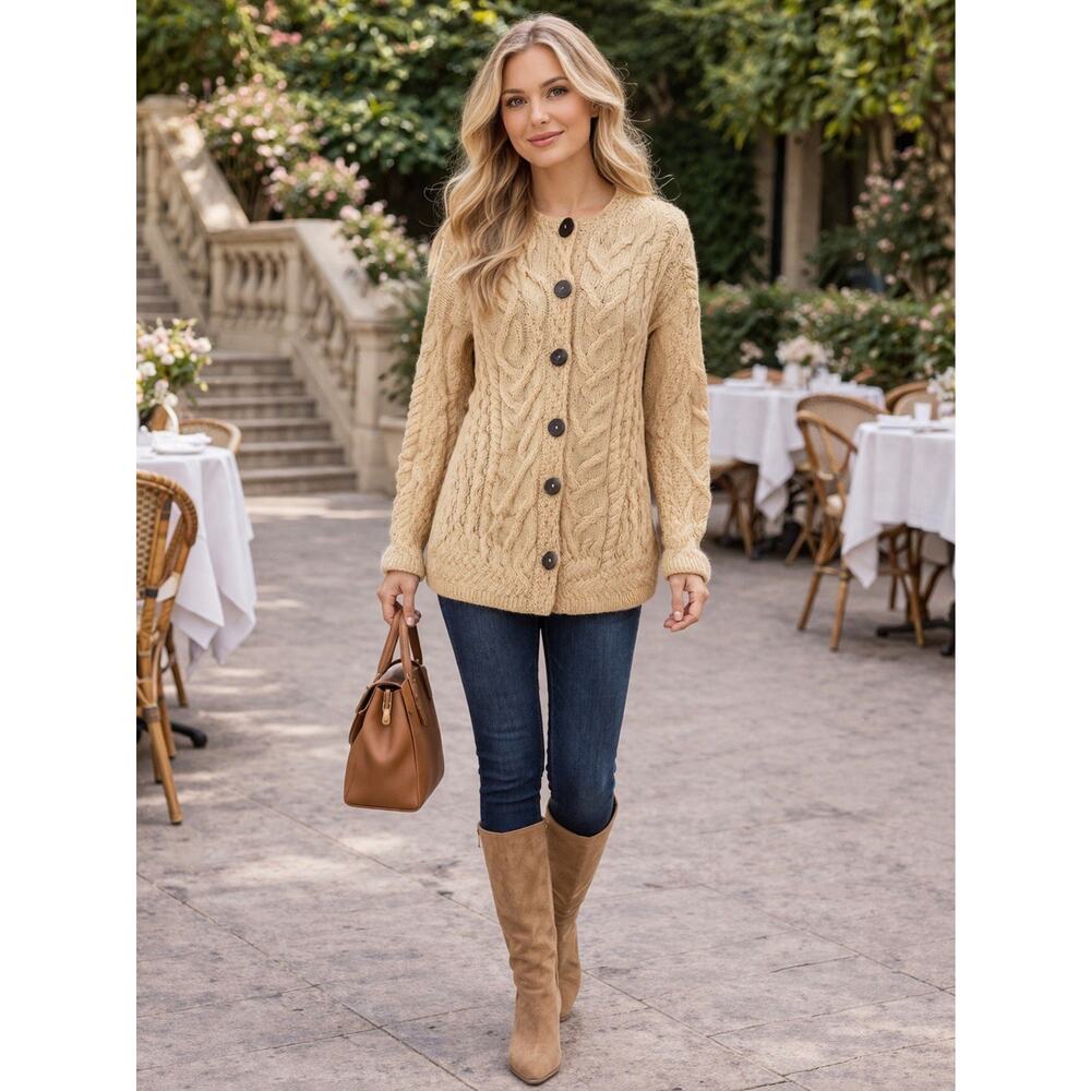 Kilronan Knitwear Ireland 100% Merino Wool Aran Cable Knit Long Cardigan Medium